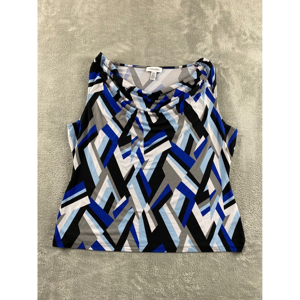 Calvin Klein Womens‎ XL Blue Geometric Abstract Cowl Neck Sleeveless Blouse Top